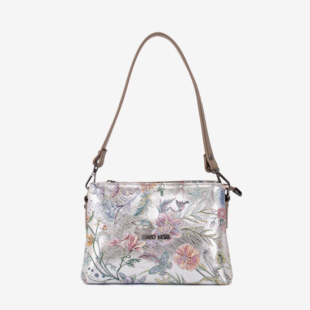 Geanta dama ENZO NORI model VANINA piele naturala silver cu flori