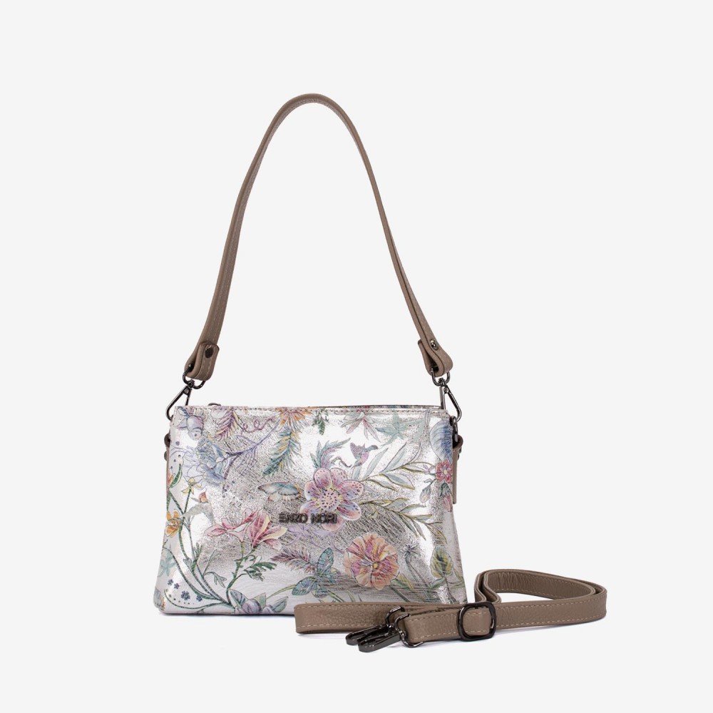 Geanta dama ENZO NORI model VANINA piele naturala silver cu flori