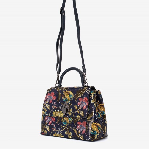 Geantă crossbody ENZO NORI model LANA din piele naturală albastru cu flori