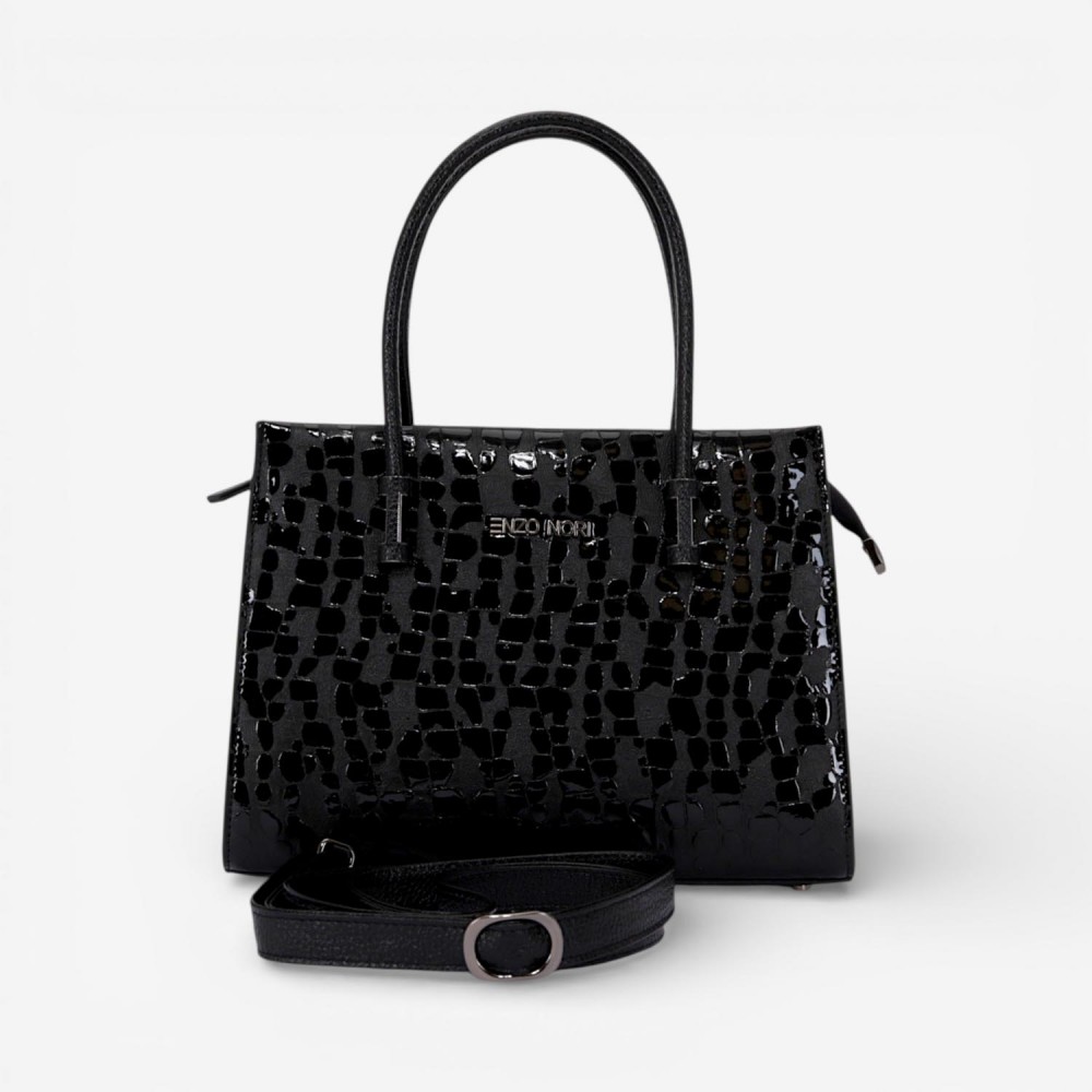 Geanta dama ENZO NORI BEATE, piele naturala, neagra lacuita