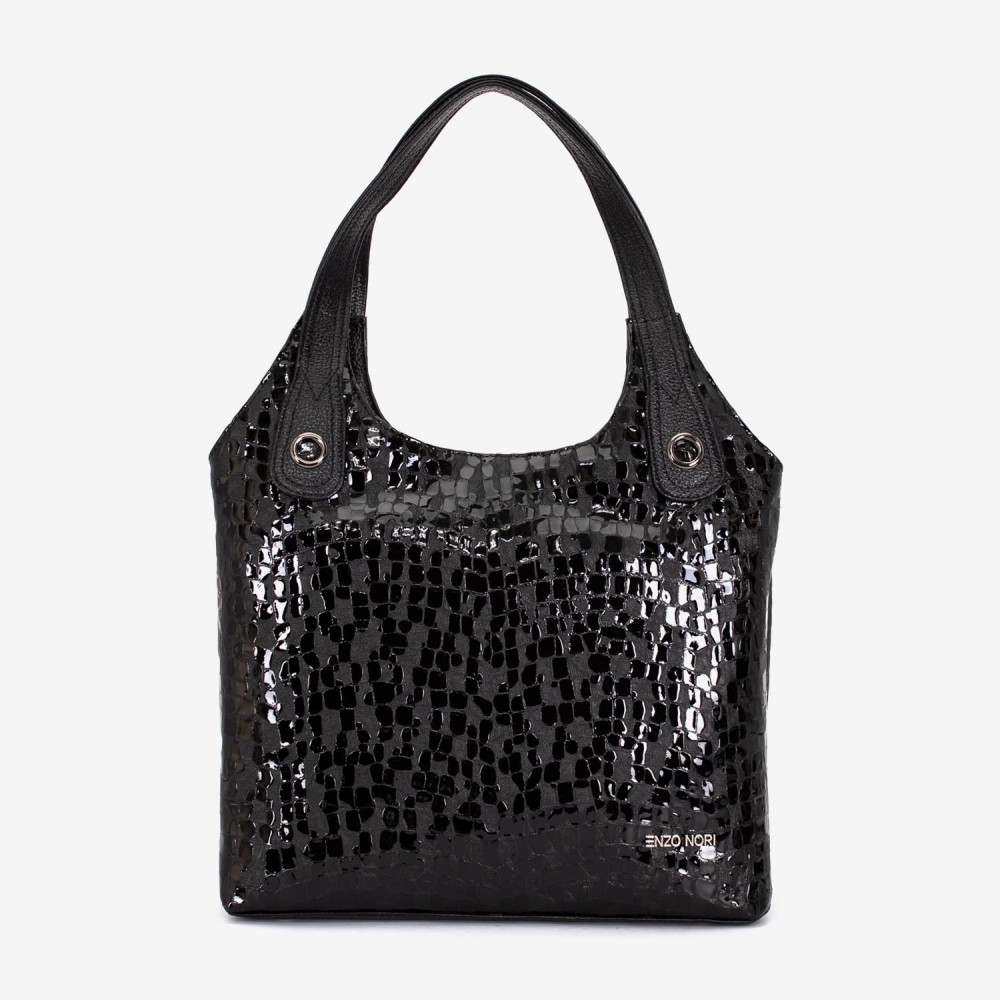 Geanta dama ENZO NORI MEG, piele naturala, neagra lacuita