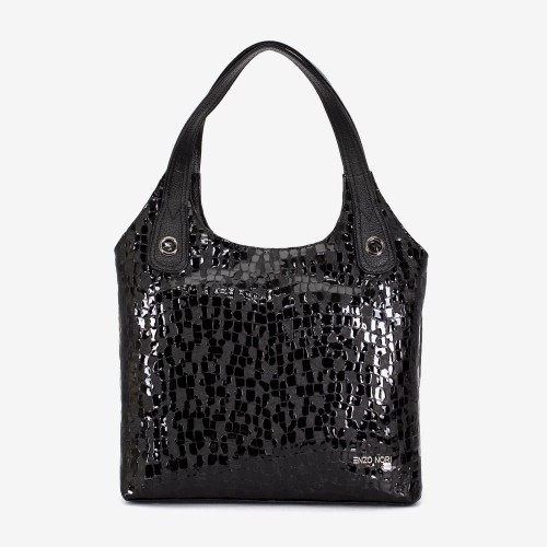 Geanta dama ENZO NORI MEG, piele naturala, neagra lacuita