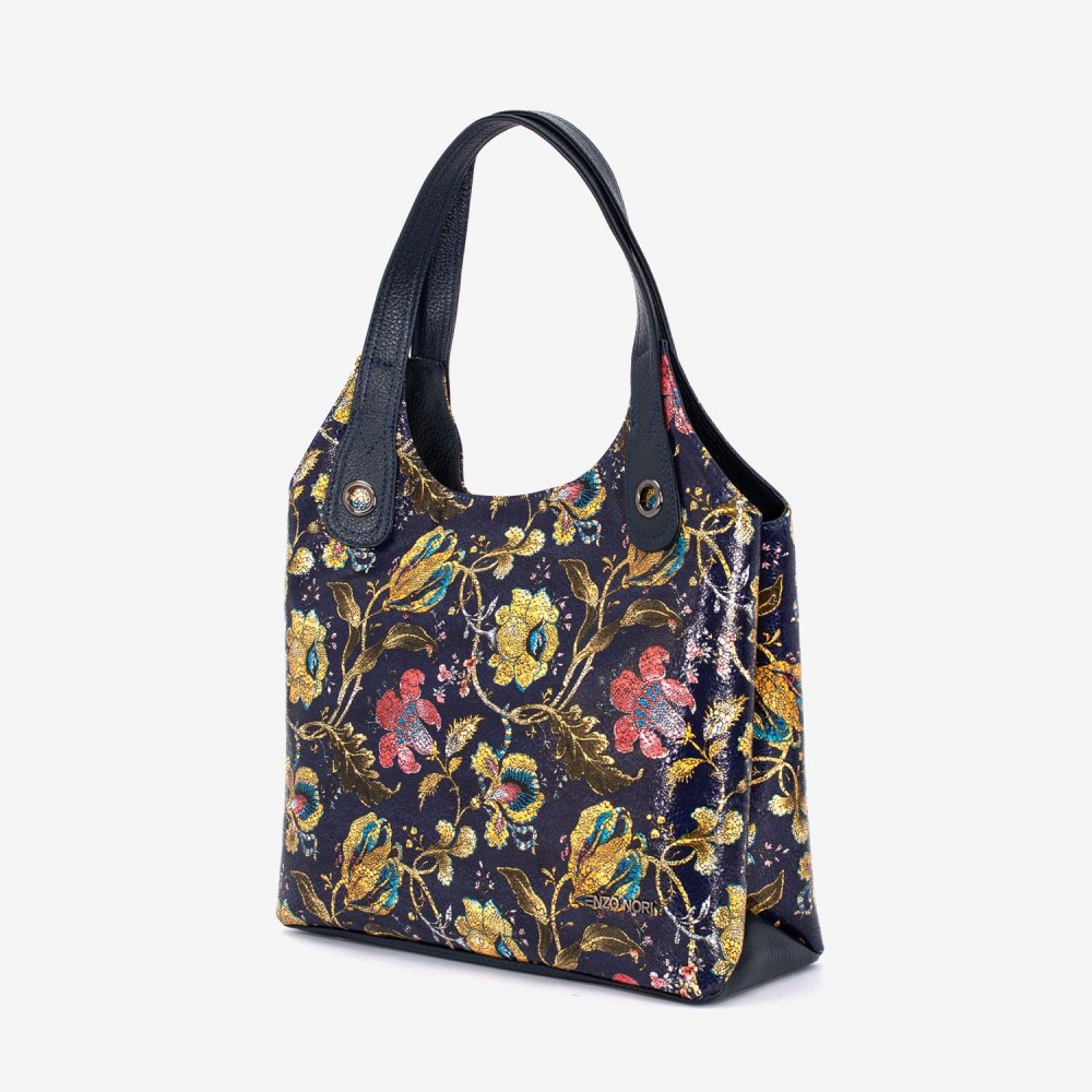 Geanta dama ENZO NORI MEG, piele naturala, albastru cu flori