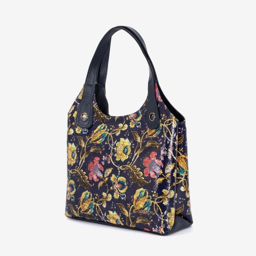 Geanta dama ENZO NORI MEG, piele naturala, albastru cu flori