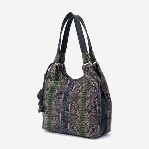 Geanta shopper model ROSE din piele naturală albastru-verde