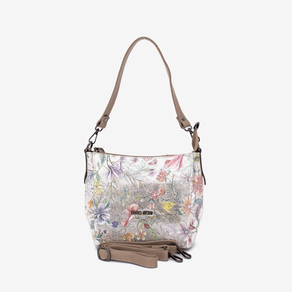 Geanta dama ENZO NORI ROBERTA, piele naturala, silver cu flori