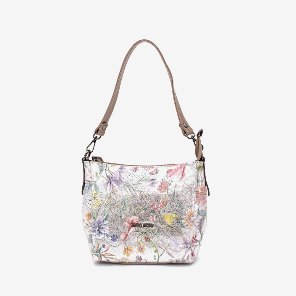 Geanta dama ENZO NORI ROBERTA, piele naturala, silver cu flori
