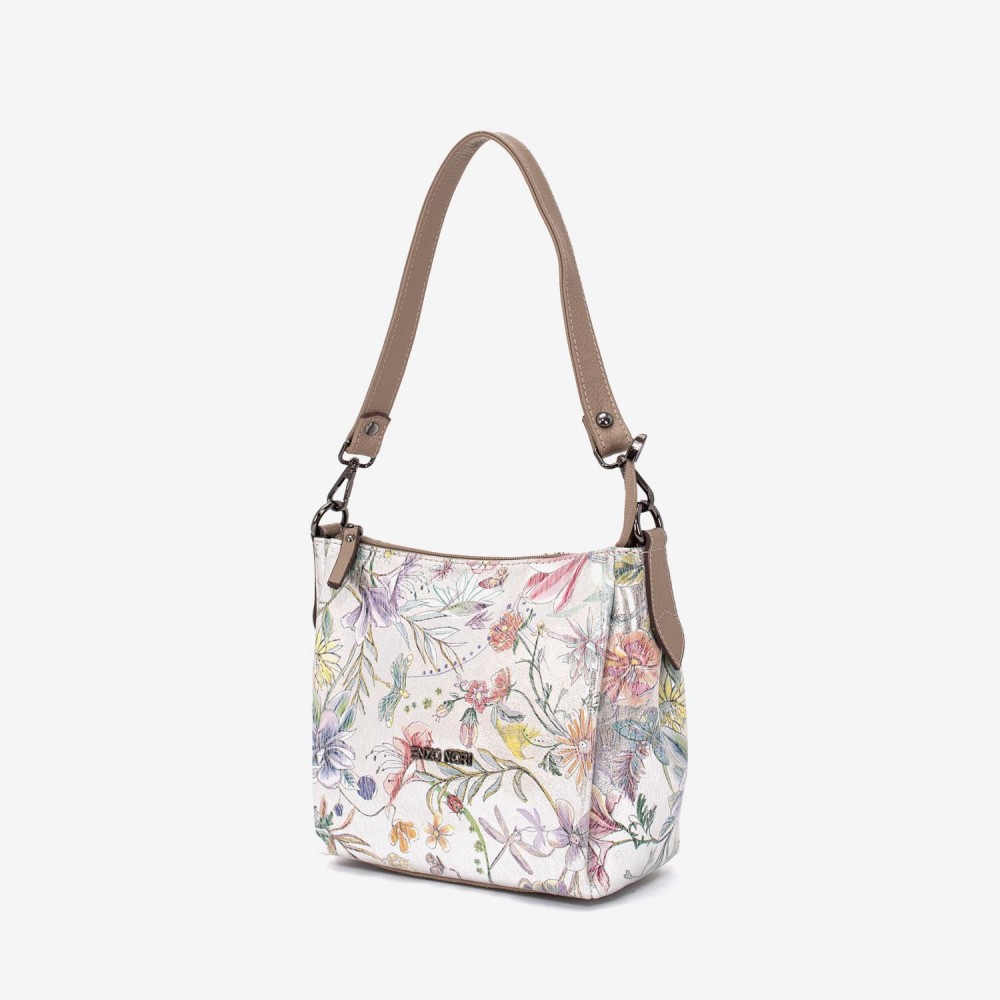 Geanta dama ENZO NORI ROBERTA, piele naturala, silver cu flori