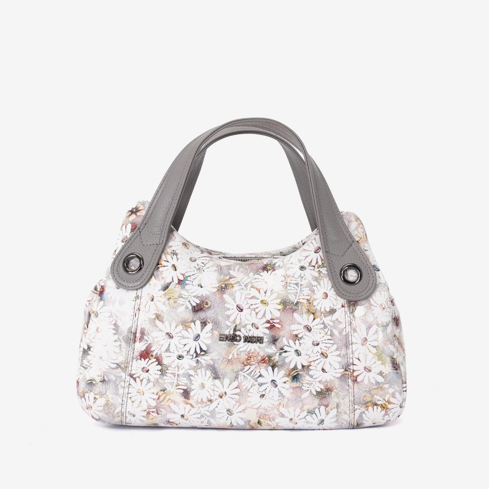 Geanta dama ENZO NORI model SIENNA piele naturală gri cu flori