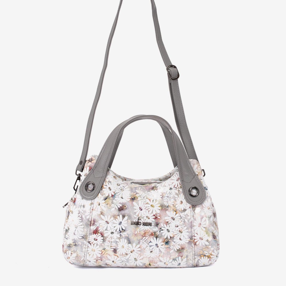 Geanta dama ENZO NORI model SIENNA piele naturală gri cu flori