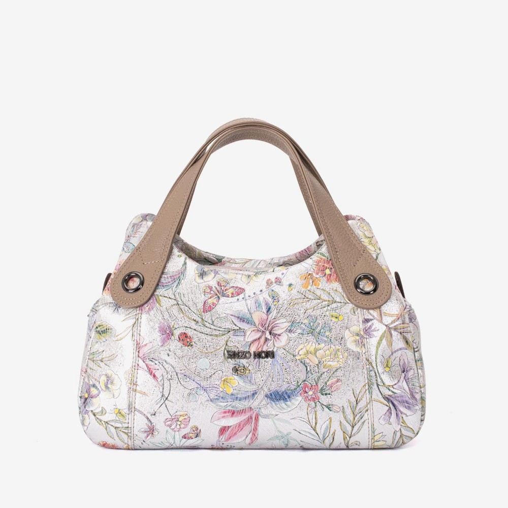Geanta dama ENZO NORI model SIENNA piele naturală silver cu flori