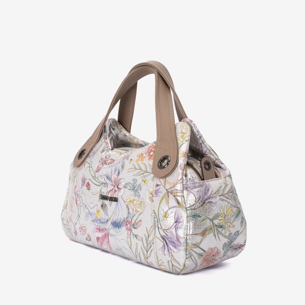 Geanta dama ENZO NORI model SIENNA piele naturală silver cu flori