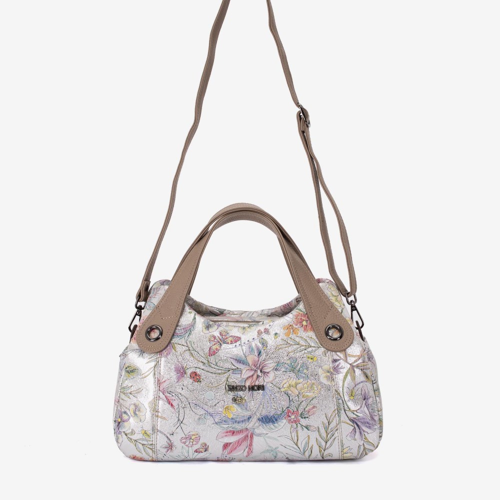 Geanta dama ENZO NORI model SIENNA piele naturală silver cu flori