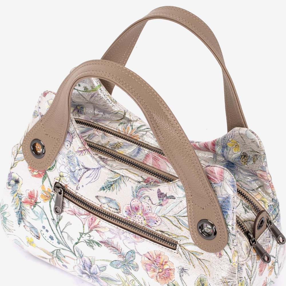 Geanta dama ENZO NORI model SIENNA piele naturală silver cu flori