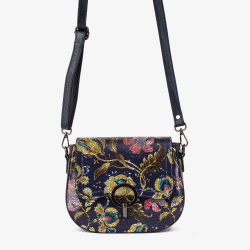 Geanta crossbody model LUISE piele naturală albastru cu flori