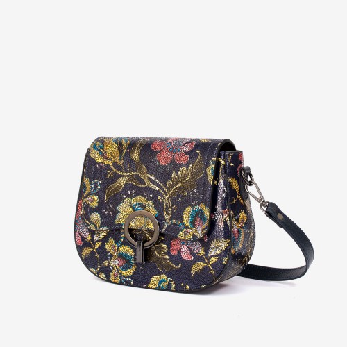 Geanta crossbody model LUISE piele naturală albastru cu flori