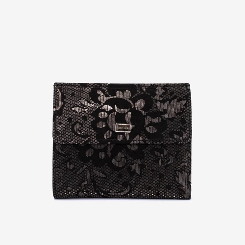 Portofel dama ENZO NORI model AMELY din piele naturală negru cu flori