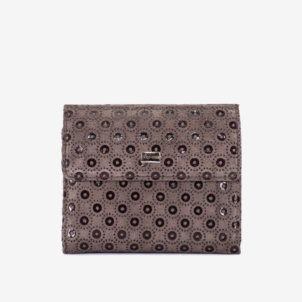 Portofel dama ENZO NORI model AMELY din piele naturală piele de căprioară gri cu accente laser