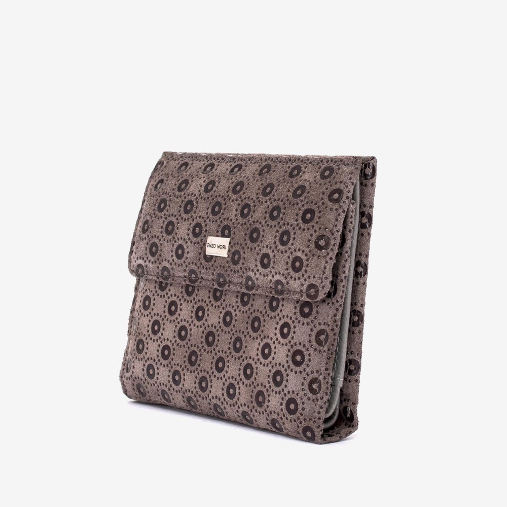 Portofel dama ENZO NORI model AMELY din piele naturală piele de căprioară gri cu accente laser