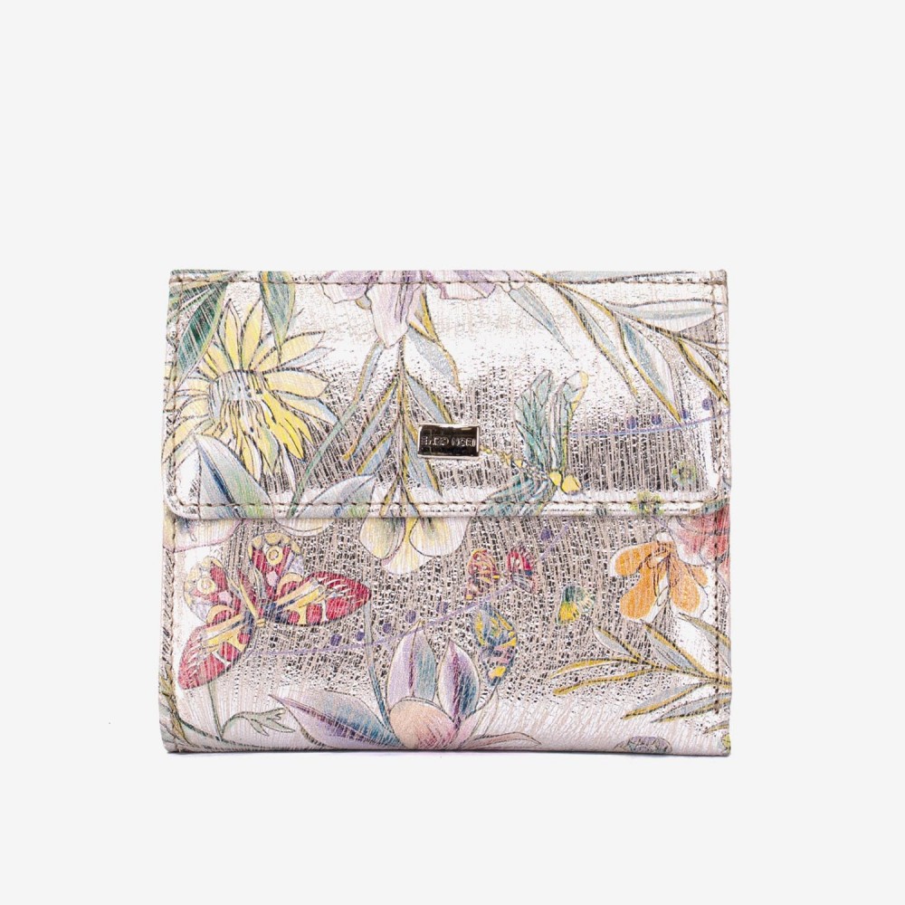 Portofel dama ENZO NORI model AMELY din piele naturala nuanță argintiu cu flori