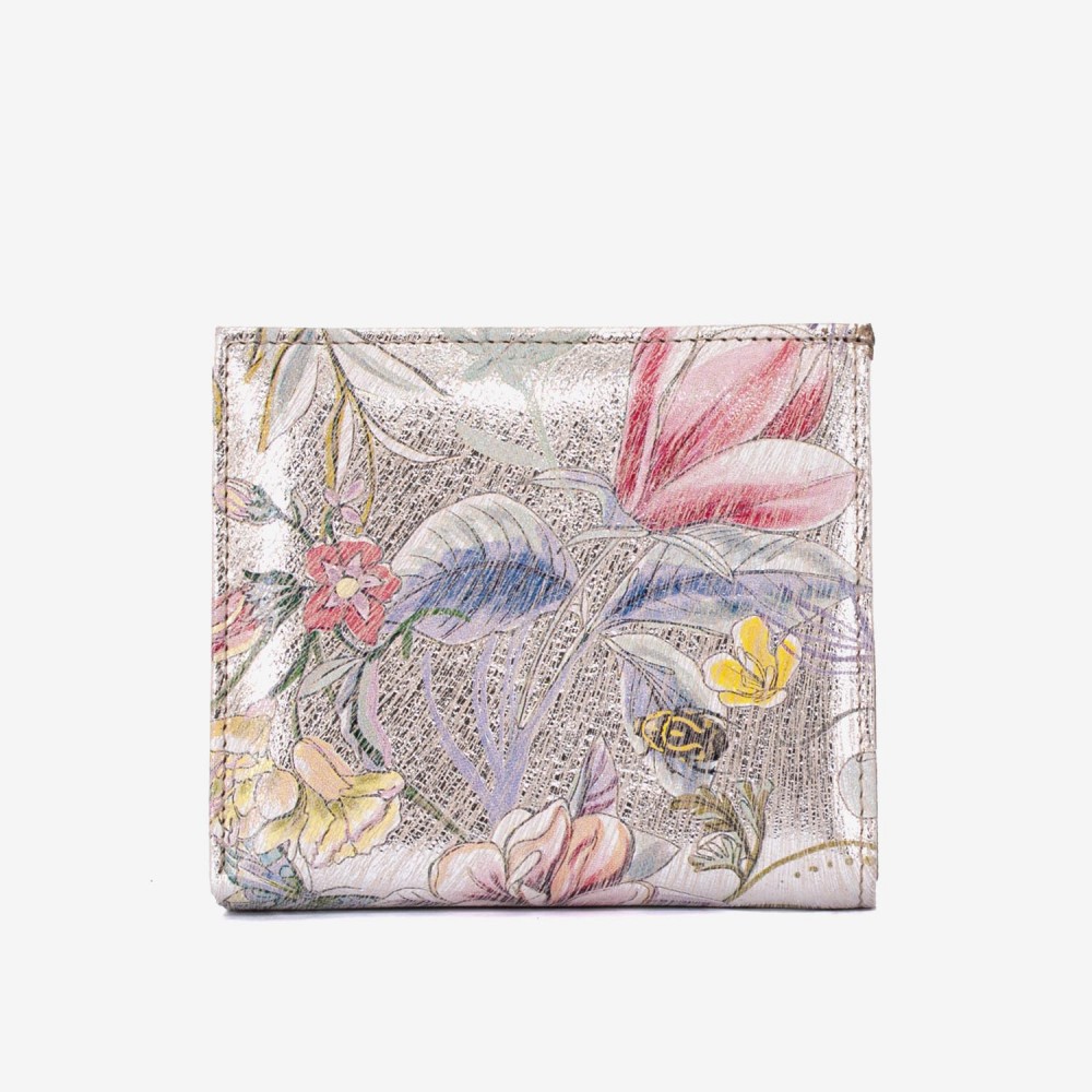 Portofel dama ENZO NORI model AMELY din piele naturala nuanță argintiu cu flori