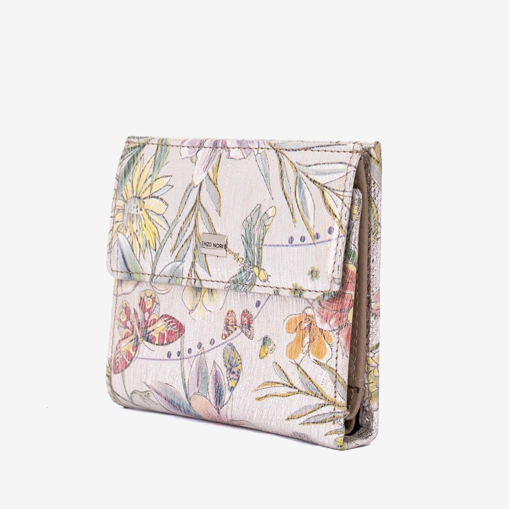 Portofel dama ENZO NORI model AMELY din piele naturala nuanță argintiu cu flori