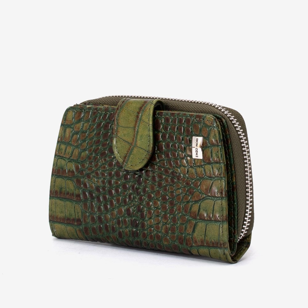 Portofel dama ENZO NORI model CASTEL piele naturala verde cu imprimeu animal