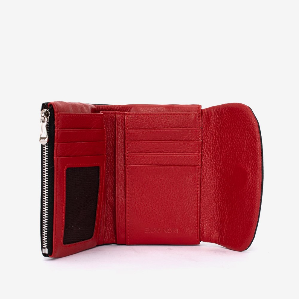 Portofel dama ENZO NORI model NIKA din piele naturala negru-rosu